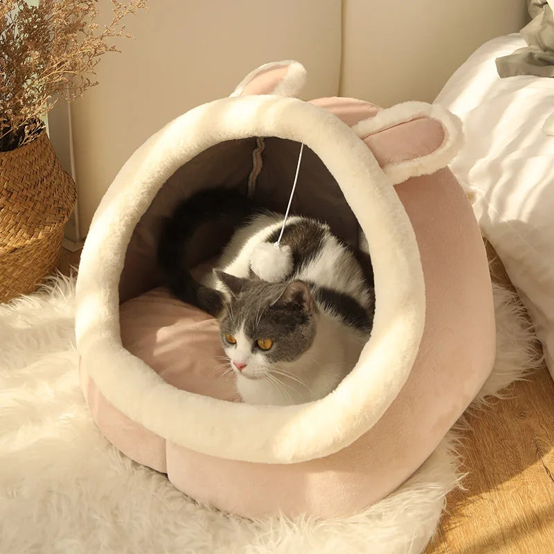 Cute Cat Hiding Warm Cozy House Bed